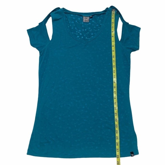 VOLCOM Teal Blue Cold Shoulder Graphic Blouse - Picture 6 of 11